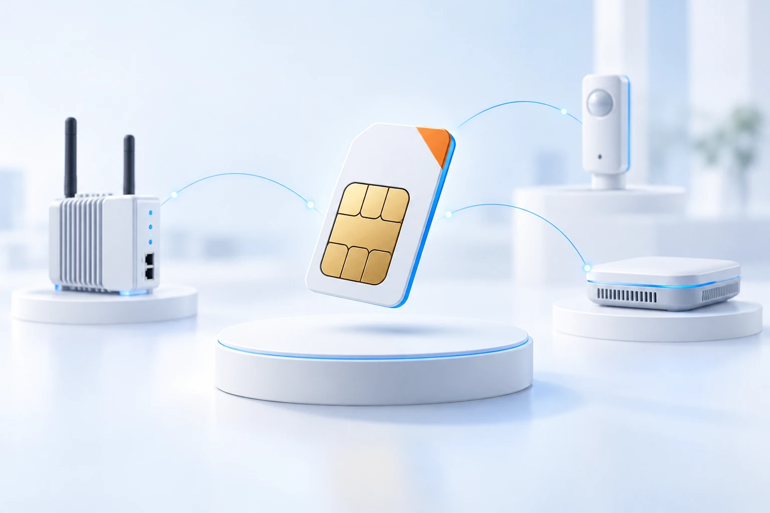 White cellular SIM with blue connections to business devices